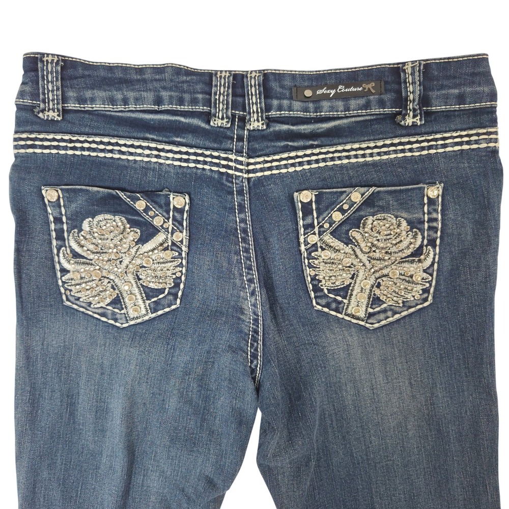 Sexy Couture Jeans Women 31 Blue Excellent Rhinestone Distressed Y2K Glam Denim